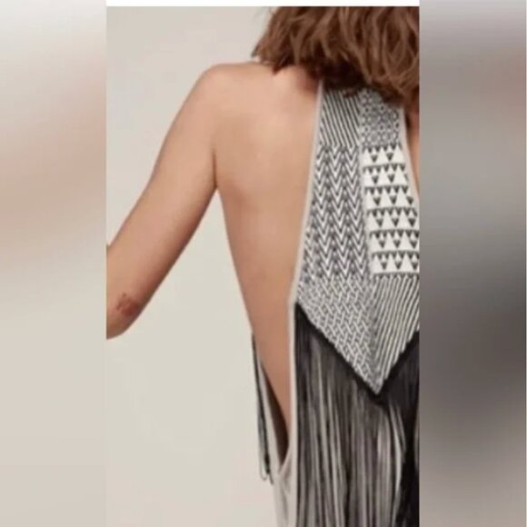 ZHENNYMPH ZHEN NYMPH Tan Black Fringe Tribal Racerback Dreamcatcher Dress S M - Picture 5 of 16